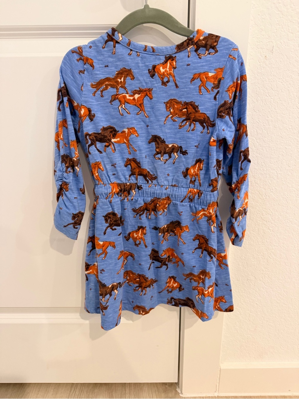 Hatley Light Blue Horse-Print Dress with Pink Drawstring - Picture 3 of 5